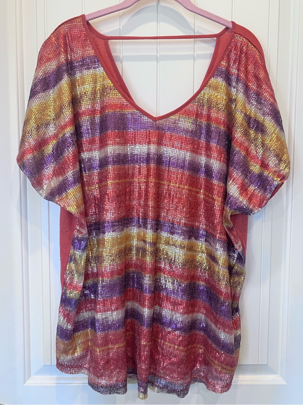 Maurices Multicolor Rainbow Shimmer Festival Fun Sequin Stripe V-Neck Tunic 3X
